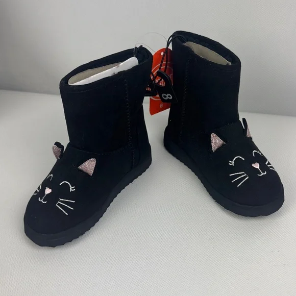 Wonder Nation Black Cat Kids pull on Boots with faux fur lining NWT 10 & 8 - Picture 5 of 6